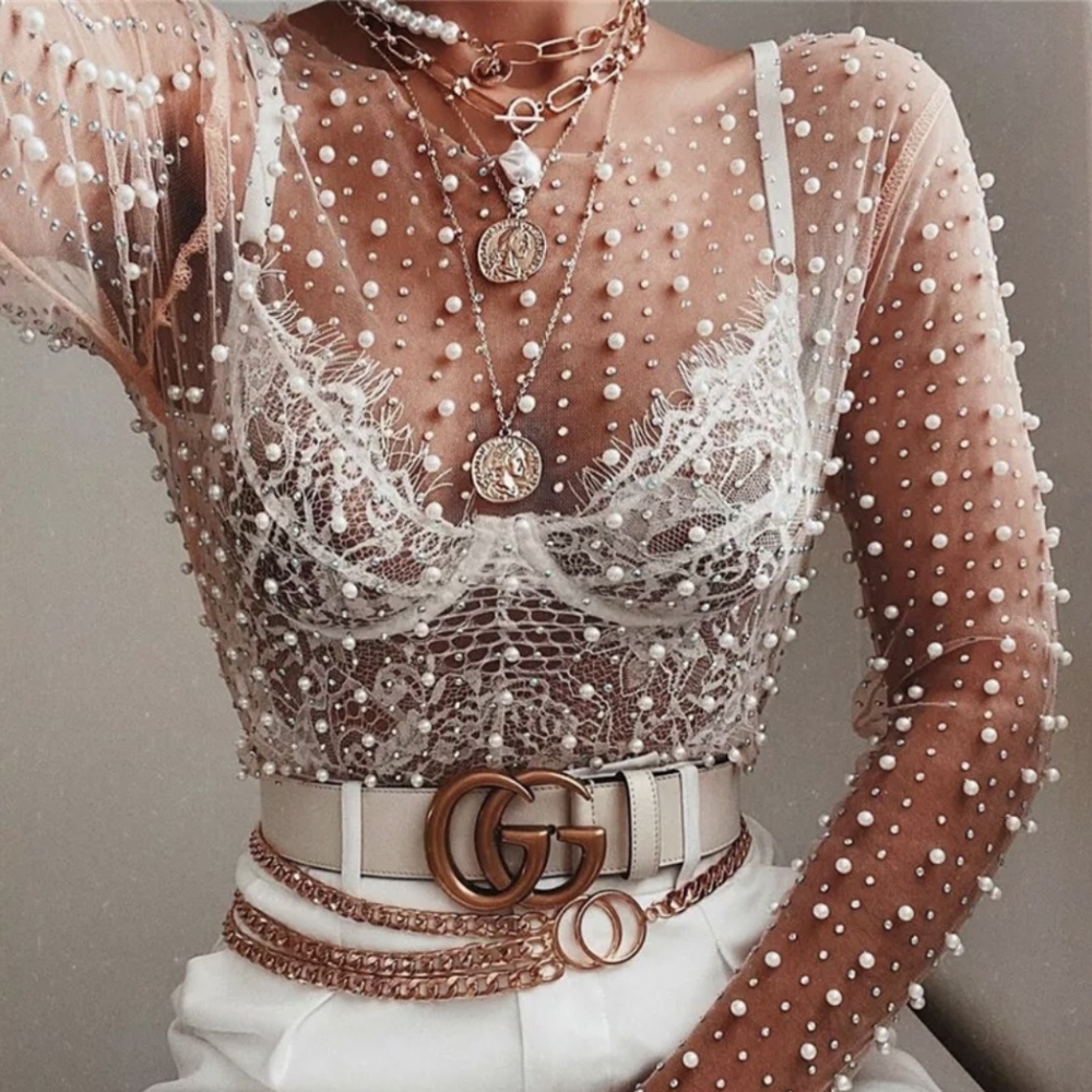 NWT pearl embellished beaded mesh top s: small - large